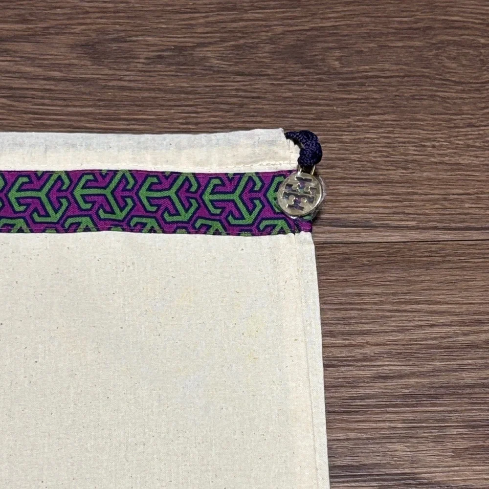 Tory Burch Canvas Dust Bag w/ Purple & Green Logo Trim – Drawstring Pouch